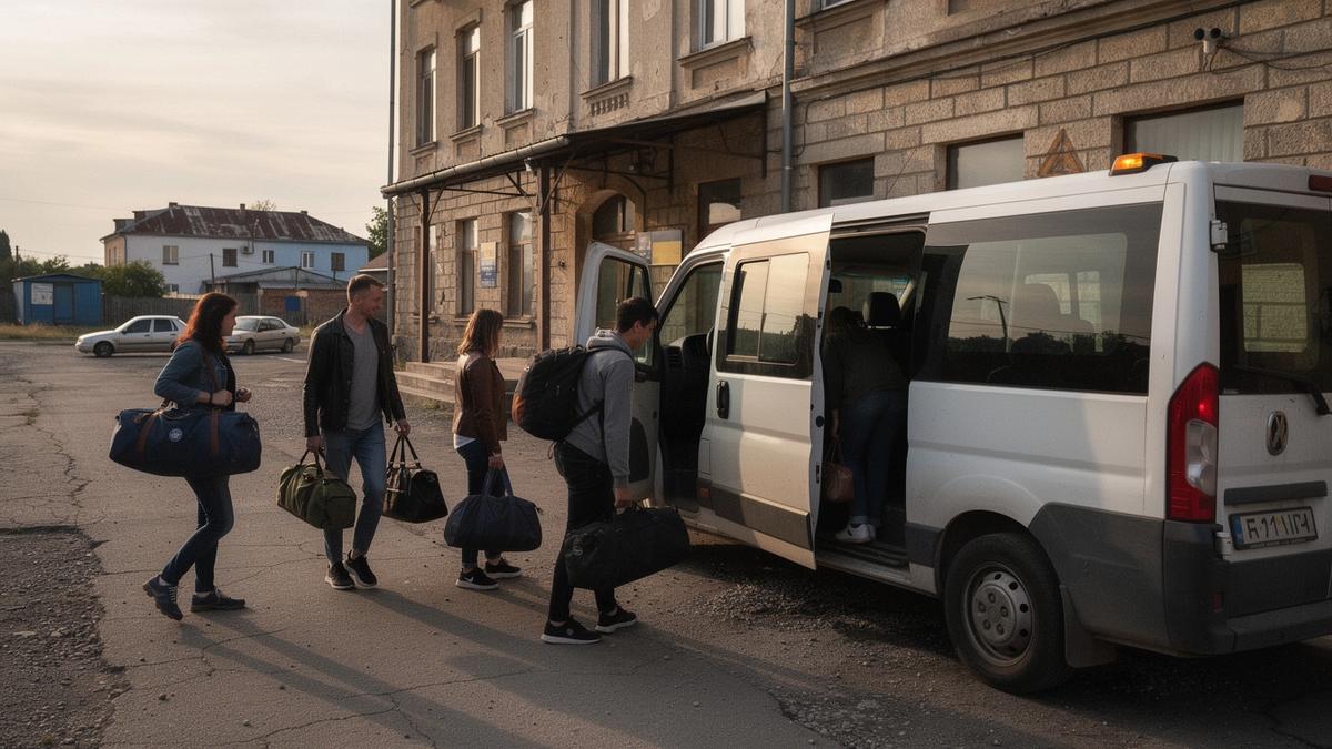 Travellers with weekend bags boarding a minibus outside a railway station in western Ukraine