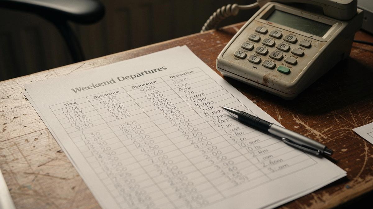 Coordinator checking a printed weekend departure ledger beside a telephone at a desk