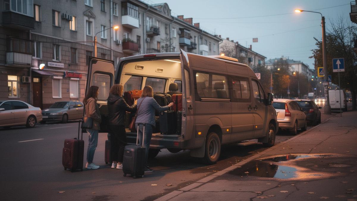 Travellers loading weekend bags into a minibus before a Friday departure