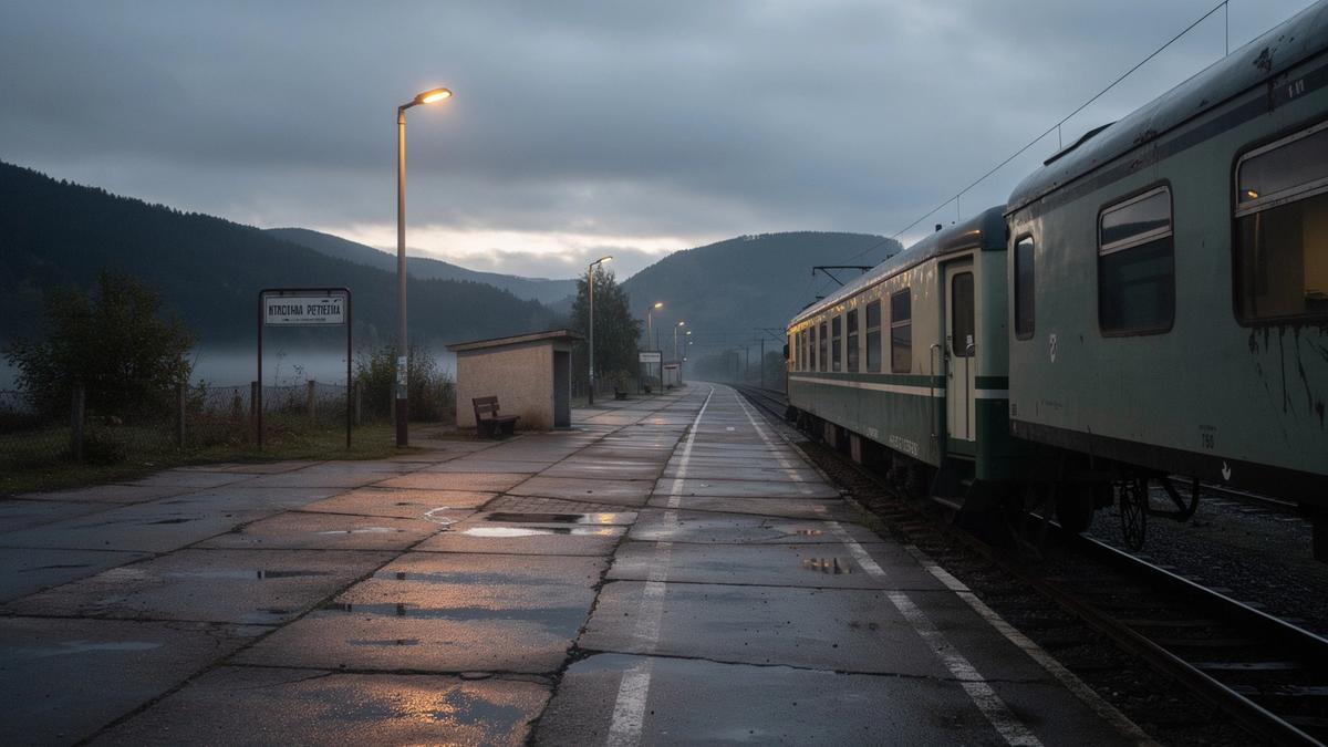 Regional rail platform in the Carpathians with a waiting carriage at dusk