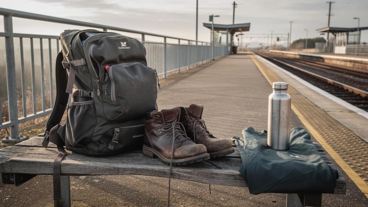 Hiking boots, a rain shell and a filled water bottle packed beside a railway platform bench