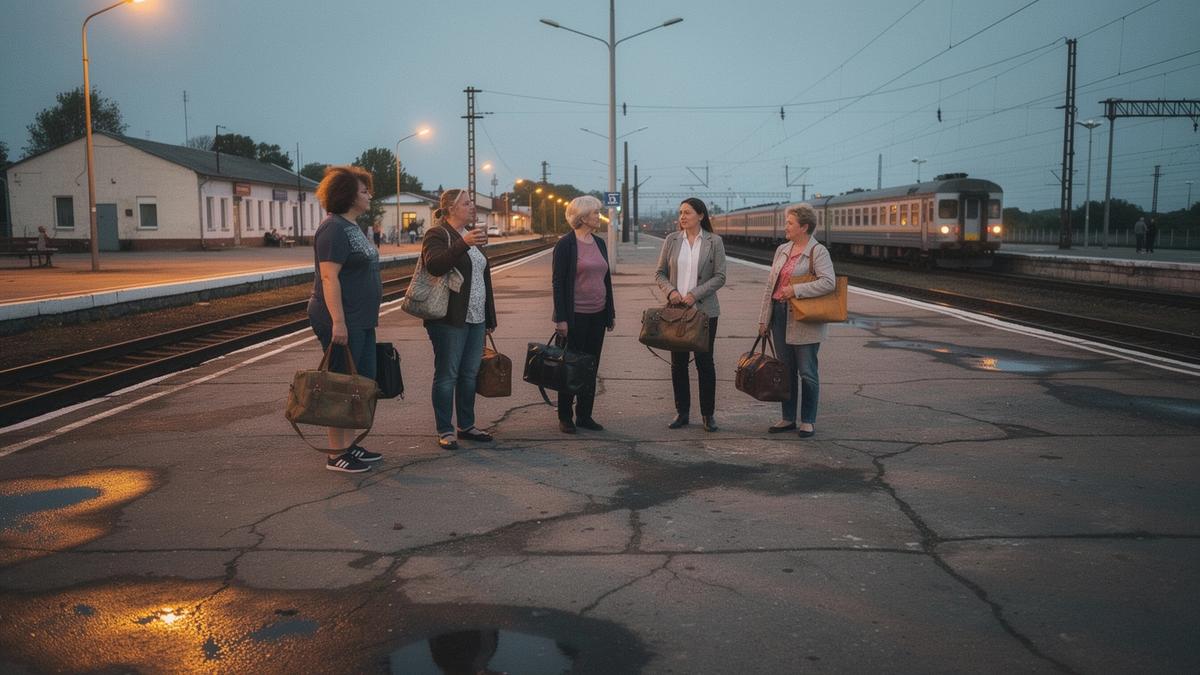 Passengers with weekend bags waiting on an open-air platform beside a regional train