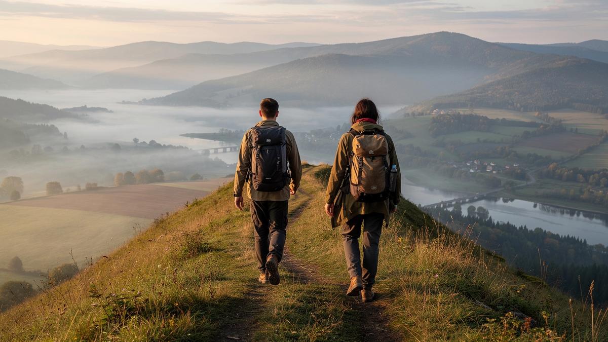 Two hikers on a misty ridge path above the Prut valley during the Saturday leg of route WKD-01